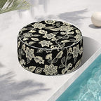 Indoor/Outdoor Inflatable Ottoman, Water Repellent Round Foot Rest Ottomans D31 x H14 inch, Portable Footstool for Patio Garden Camping or Home, Elegant Vines Black by TWLEAR