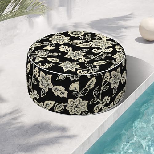Indoor/Outdoor Inflatable Ottoman, Water Repellent Round Foot Rest Ottomans D31 x H14 inch, Portable Footstool for Patio Garden Camping or Home, Elegant Vines Black by TWLEAR