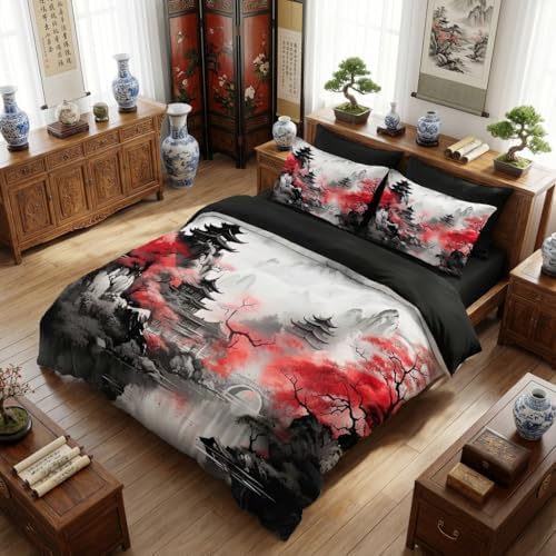 CCoutueChen Asian Chinese Comforter Set King Size, Black Red - Image 2