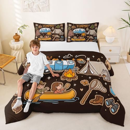 Erosebridal Happy Camping Camper King Size Bedding Set, Camping Lover Gifts Bed Comforter Sets for Kids Girls Boys, Outdoor RV Travel Trailer Quilt Duvet Set, Forest Theme Room Decor - Image 2