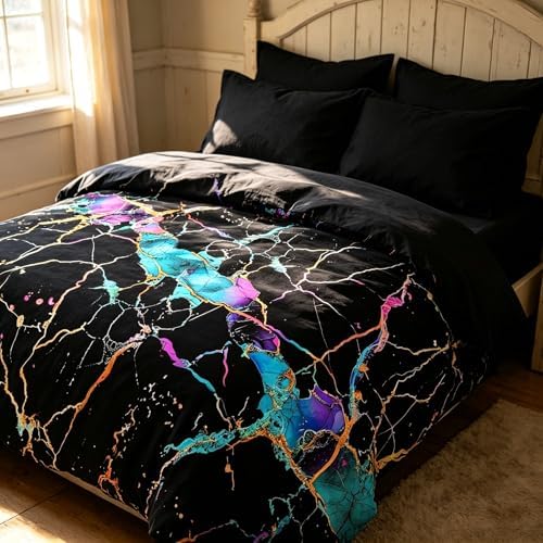 CCoutueChen Black Marble Comforter Set Full Size, Blue Tie Dye Bedding Set with Abstract River Texture, 3 Pieces 79"x90" by CCoutueChen