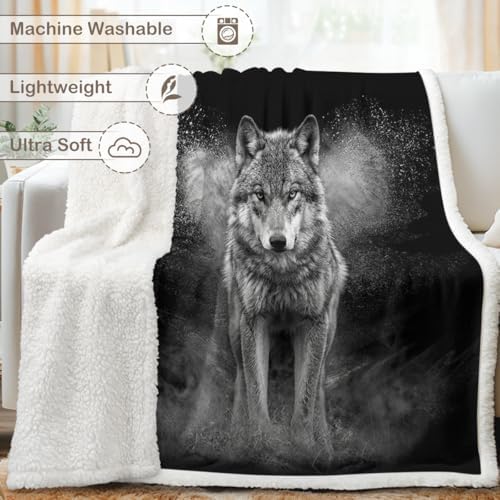 Wolf Sherpa Blanket Lone Wolf Animal Print Throw Blanket for Men Soft Warm Cozy 50x60 Inches Dark Wildlife Design Bedroom Gamer Room Decor Gift for Birthday Housewarming Anniversary - Image 6