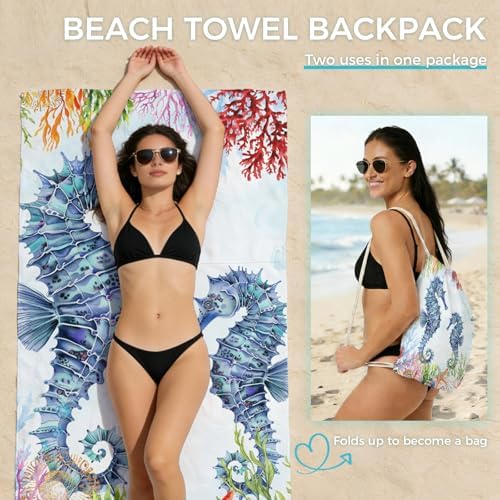 Beach Towel Bag 2 in 1 Ocean Seahorse Bath Pool Towels Backpack Marine Life Coral Absorbent Beach Towel Soft Quick Dry Lightweight Packable Towels Drawstring Bag for Travel Camping Sports Yoga Picnic - Image 2