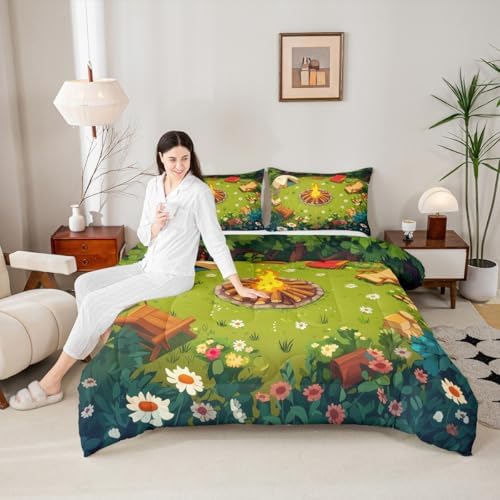 Erosebridal Campfire Comforter Set Camping Tent Toddler Bedding Sets for Boys Girls Kids Woodland Bonfire Comforter Cartoon Trees Stones Quilt Duvet 2 Pcs - Image 4