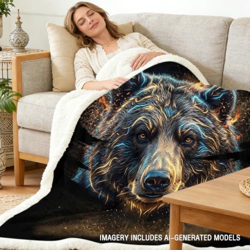 Bear Sherpa Blanket Energy Animal Print Throw Blanket for Men Soft Warm Cozy 60x80 Inches Neon Wildlife Design Gamer Room Bedroom Decor Stress Relief Gift for Birthday Housewarming Anniversary - Image 2