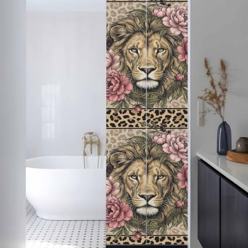 Window Privacy Film Frosted, Lion Print Reusable Static Cling Window Tints, Vintage Peony Flower Chic Wild Animals Texture Heat Control Windows Films for Offices, Balcony, 29.5 x 118 Inches - Image 3
