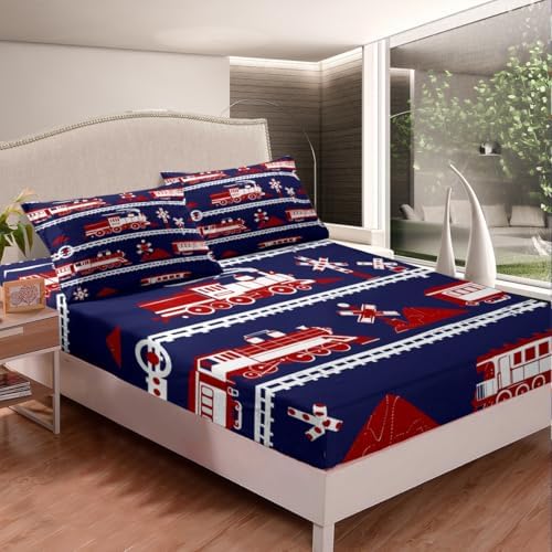 Erosebridal Train Fitted Sheet Cartoon Car Toddler Bedding Set, Traffic Transportation Track Bed Sheets for Kids Teens Vintage Steam Engine Railway Decor Sheets Room Queen 3Pcs, No Flat Sheet - Image 2