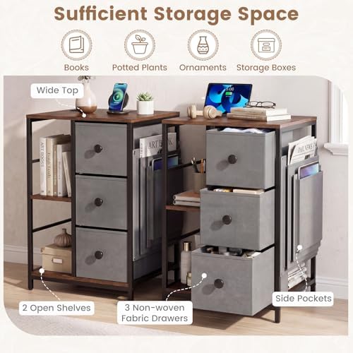 Giantex Industrial Nightstand Set 2 with Charging Station, End Side Table w/3 Fabric Drawers, Side Storage Pockets, Open Shelves, Metal Frame, Rustic Bedside Table Night Stand for Bedroom Entryway (2) - Image 5