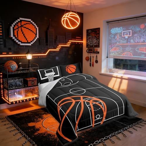 Castle Fairy Basketball Court Print Bedding Set for Boys Girls,Ball Sports Games Themed All Season Cozy Comforter Set Full Size,Orange Basketball and Hoop Duvet Set Home Decor,Children Birthday Gift - Image 2