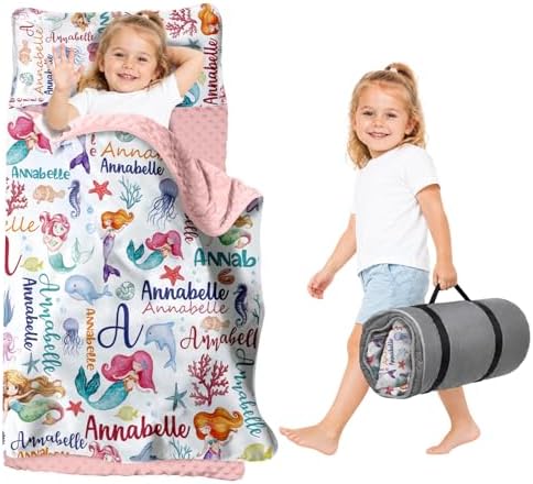 Toddler Nap Mat with Pillow & Blanket for Daycare, Extra Large Kids Nap Mat for Preschool Kindergarten, Roll-Up Sleeping Mat for Boys, Easy Carry Travel Camping Slumber Bag by Duckbe