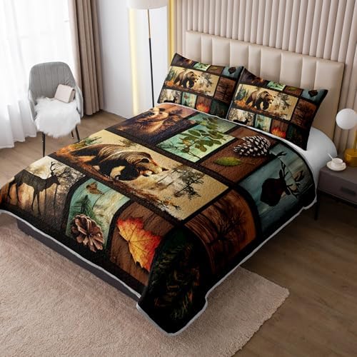 HOSIMA Deer Bear Print Forest Hunting Plaid Quilt Full with 2 Pillowcases. - Image 2