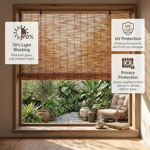 Bamboo Blinds for Indoor Windows, Reed Roller Shades, Cordless Privacy Blind Screen for Door Patio, Natural Protective Curtains, Light Filtering Roman Shades Style, Cocoa(46" W X 36" H) - Image 2
