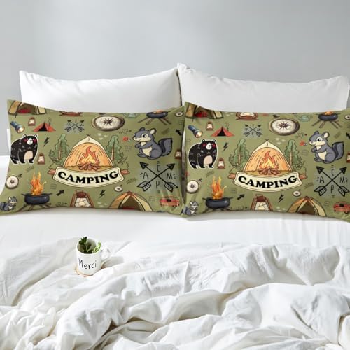 Erosebridal Kids Camping Tent Full Bedding Set,RV Camper Fitted Sheet Camping Decor for Travel Trailer,Rustic Cabin Bear Fox Bed Sheets Woodland Adventure Bed Set,2 Pillowcases (No Flat Sheet) - Image 5