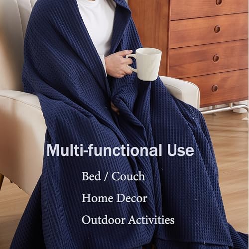 100% Egyptian Cotton Waffle Weave Throw Blanket for Bed Couch Sofa Home Decor, Soft Lightweight Bed & Couch Blanket for All Seasons (Navy Blue - Full Size - 84 * 90") - Image 4