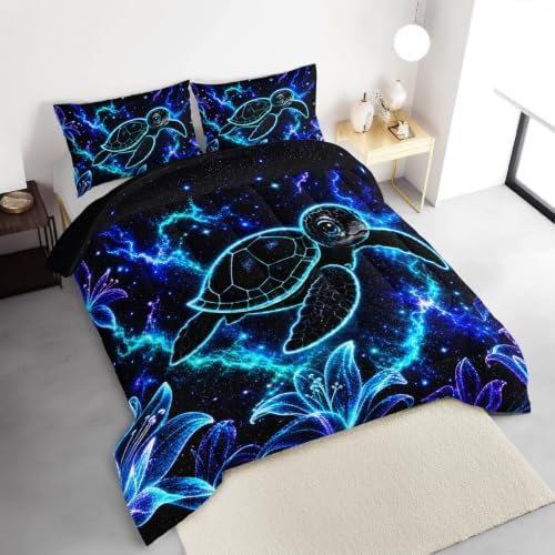 HOSIMA Neon Galaxy Sea Turtle Comforter Queen for Boys with 2 Pillowcases. - Image 2