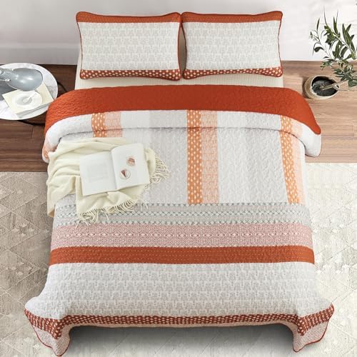 WONGS BEDDING Boho Quilt Set Queen, Stripe Bedspread Sets, Burnt Orange - Image 4