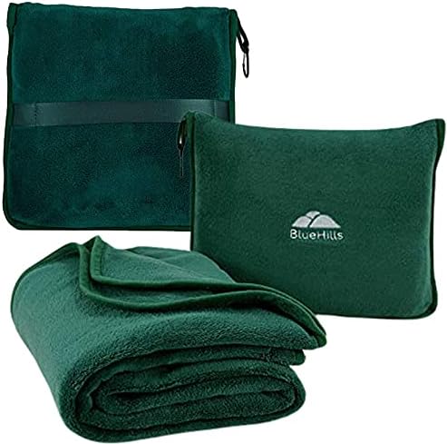BlueHills Travel Blanket Pillows for Two Airplane Traveling Essentials Flight Throws in Bag case with Backpack Clip Compact Large Plane Accessories – Black and Dark Green - Image 2