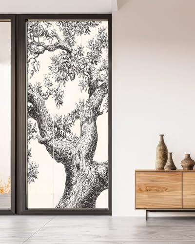 Window Privacy Film Frosted, Vintage Botanical Non-Adhesive Static Cling Window Tint, Antique Foliage Tree Rustic Insulated Windows Frosted Films for Living Room, 35.4 x 78.7 Inches - Image 5