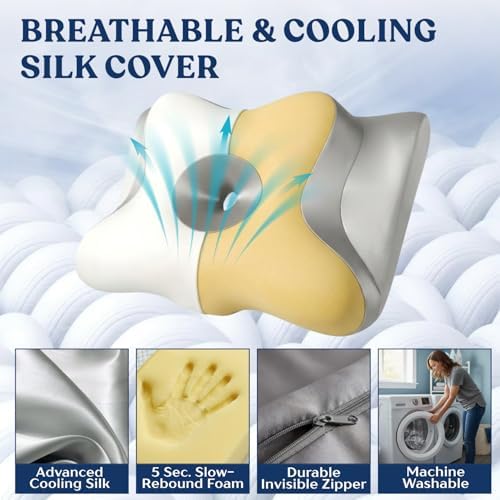 Ergonomic Cervical Neck Pillow for Neck Pain Relief, Side Sleeper Pillow, Orthopedic Pillow, Sleep Apnea Pillow, Cooling Cervical Neck Pillow, Butterfly Contour Pillow with Silk Cover & Travel Bag - Image 4