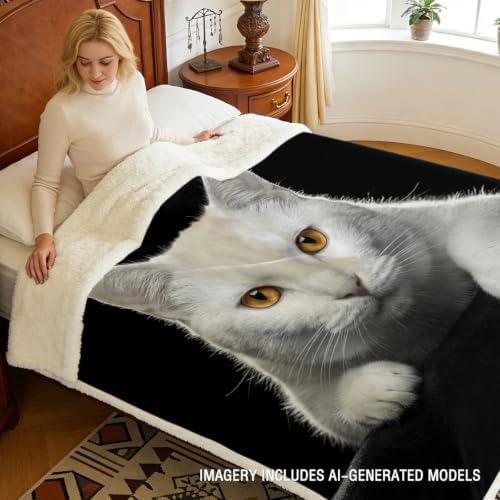 White Cat Sherpa Blanket Animal Print Throw Blanket for Women and Men Soft Warm Cozy 50x60 Inches Cute Minimal Design Bedroom Couch Decor Gift for Birthday Housewarming Anniversary - Image 3