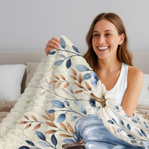 Fall Throw Blanket, Blue Pumpkin Thanksgiving Fluffy Soft Blankets for Couch Bed Travel, Autumn Eucalyptus Leaves Plush Microfiber Striped Flannel Blankets, Vintage Lightweight Sofa Blankets 50"x80" - Image 4
