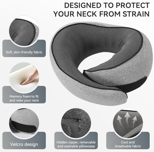 SZXYX Travel Pillows - 100% Pure Memory Foam Neck Pillow for Airplanes, Comfortable Breathable Cover, 360° Support Stowable Pillows for Sleeping, Car, Airport Travel Essentials, Dark Gray - Image 6