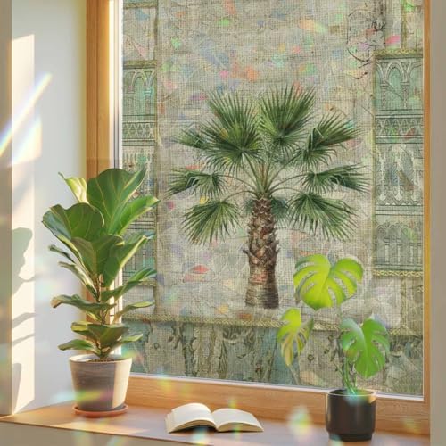 Vintage Palm Trees Window Privacy Film Rainbow Static Cling Stain Glass Window Film for Glass Door, Decorative Heat Blocking Sunroof Decal Sticker for Car 35.4"x78.7" Tropical Summer Botanical Retro - Image 3