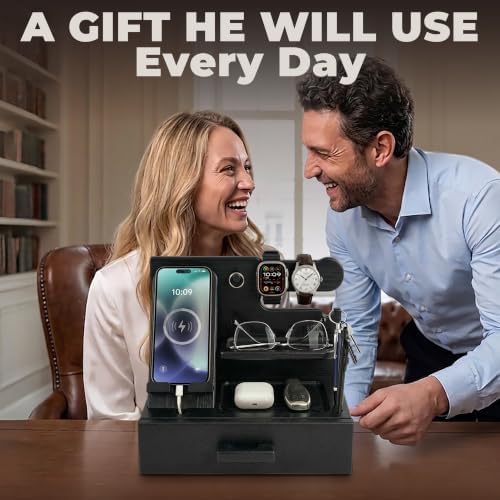 TESLYAR Wood Phone Docking Station with Drawer - Nightstand Organizer for Men, Bedside & Desk Organizer with Key & Watch Hooks - Birthday Gifts for Men, Dad, Husband (Fumed Black) - Image 5