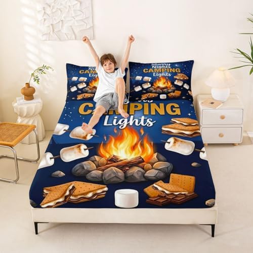 Erosebridal RV Camper Full Fitted Sheet, Outdoor Camping Themed Kids Bedding Sets for Girls Boys, Fun Summer Campsite Bed Set, Hiking Camping Lover Gifts Sheets Sets Bedroom Decor - Image 2