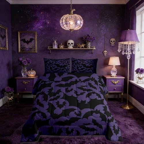 Castle Fairy Halloween Themed Bedding Comforters Queen Size,Black Bats Animal Print Comforter Set with 2 Pillowcases,Dark Purple Color 3pcs Children Adult Duvet Set,Soft - Image 4