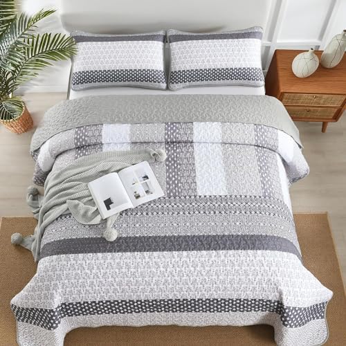 WONGS BEDDING Grey Full Size Quilt Set, Bohemian Striped Bedspreads - Image 2