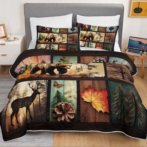 HOSIMA Deer Bear Print Forest Hunting Plaid Quilt Full with 2 Pillowcases. - Image 3