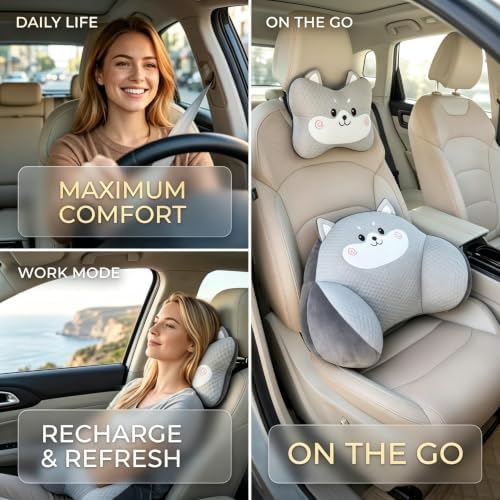 Car Neck Pillow and Lumbar Support Set, Cute Animal Soft Plush Ergonomic Back Cushion for Driving, Travel Seat Headrest Pillow(Set of 2) (Rabbit) - Image 5