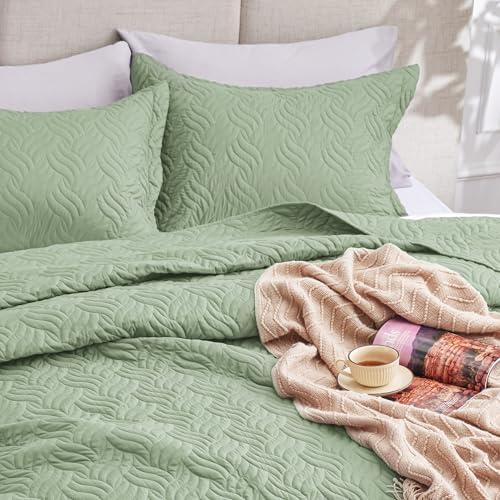 Love's cabin Twin Quilt Bedding Set Sage Bedspreads - Soft Bed Summer Lightweight Bedspread Comforter - Wave Pattern Bedding Coverlet for All Season - 2 Pieces (1 Quilt, 1 Pillow Sham) - Image 7