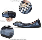 KUNWFNIX Women's Ballet Flats Foldable Classic Crown Rhinestone Slip On Bowknot PU Leather Faux Suede Pointed Toe Comfort Flat Casual Dress Shoes - Image 4
