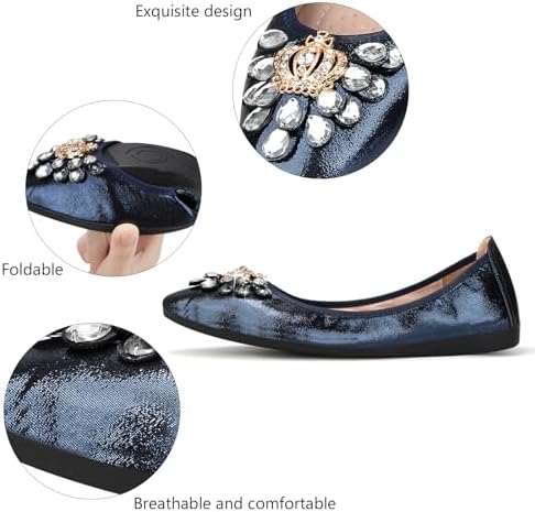 KUNWFNIX Women's Ballet Flats Foldable Classic Crown Rhinestone Slip On Bowknot PU Leather Faux Suede Pointed Toe Comfort Flat Casual Dress Shoes - Image 4
