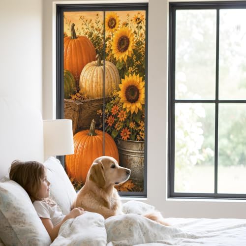 Window Privacy Film Frosted, Fall Pumpkins Static Cling Door Window Covering, Thanksgiving Autumn Sunflowers Orange UV Blocking Windows Film for Office, Hotel, Bedroom, 29.5 x 78.7 Inches - Image 2
