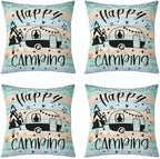 Feelyou Teal Happy Camping Throw Pillow Covers 16"x16" Set of 4 Kids Camper Decorative Pillow Case Pillowcase Gifts for RV Owners Rustic Farmhouse Style Cushion Case RV Camping Outdoor Pillows Covers - Image 6