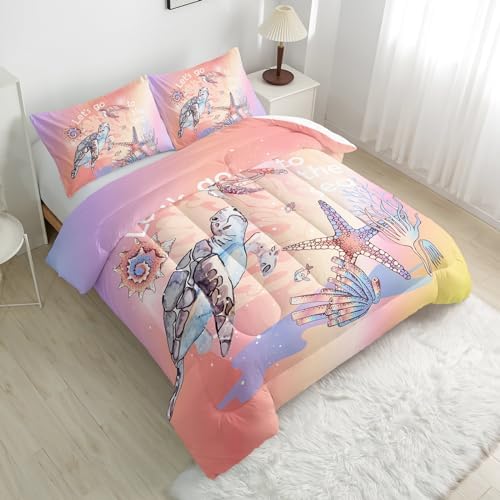 Nttopship Sea Turtles Comforter Sets Queen Size ， Bedding Sets for Kids,Cartoon Starfish and Aquatic Plants Comforter Sets All Season 1 Comforter and 2 Pillowcases - Image 3