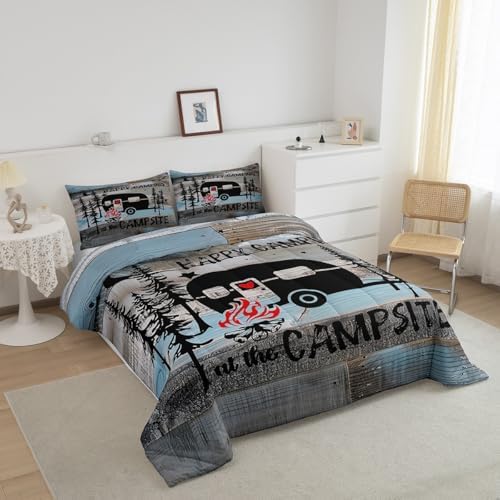 Erosebridal Rustic Farmhosue Down Comforter Queen Camper Bedding Set for Travel Trailers,Happy Rv Camping Comforter Set,Campsite Bed Set for All Season,2 Pillow Cases Blue Grey Black - Image 2