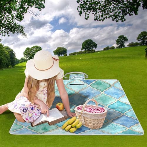 MNSRUU Picnic Blanket Waterproof Foldable, Green and Blue Moroccan Large Outdoor Picnic Beach Camping Blanket Travel Mat, Shoulder Strap Tote, Rectangle 57x59in - Image 2