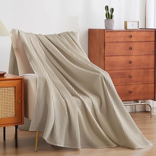 100% Egyptian Cotton Waffle Weave Throw Blanket for Bed Couch Sofa Home Decor, Soft Lightweight Bed & Couch Blanket for All Seasons (Light Khaki - King Size - 104 * 90") - Image 5