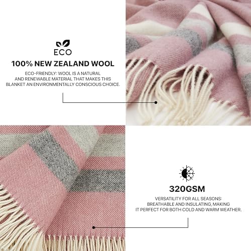New Zealand Virgin Wool Throw Blanket, Indoor & Outdoor Blankets and Throws, Striped Soft Blanket with Fringes, 55 x 79 in (140 x 200 cm), Pink, Gray, & White - Image 4