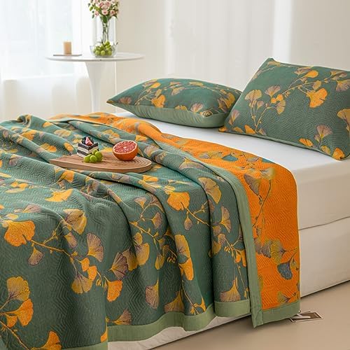 100% Cotton Jacquard Quilt Floral Ginkgo Leaves Print,Soft Muslin Bed Cover 3 Layers Reversible Bedspread Coverlet Breathable Lightweight Bedding,Full/Queen(78"x94"), No Pillow Sham - Image 4