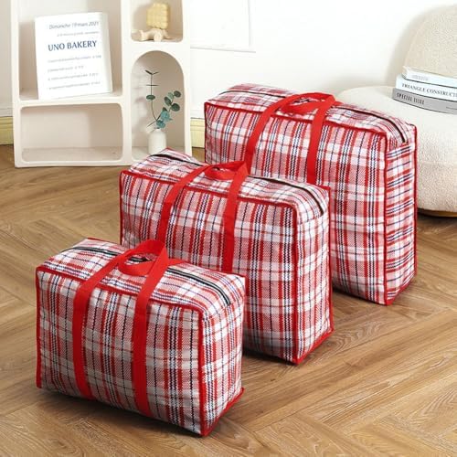 3 Pcs Moving Bag,Medium Large Extra Large Heavy Duty Storage Bag,Waterproof Dustproof Quilt Blankets Duffel Bag with Strong Handles & Zipper (01 Red) by Unknown