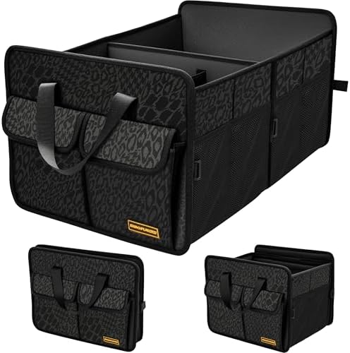 SIBOFUEGO Sturdy Car Trunk Organizer – Large Capacity Trunk Organizer for SUVs & Sedans, Hard-Shell One-Piece Design with Cute Print, Collapsible and Durable Car Organizers (Black Leopard 70L) by SIBOFUEGO