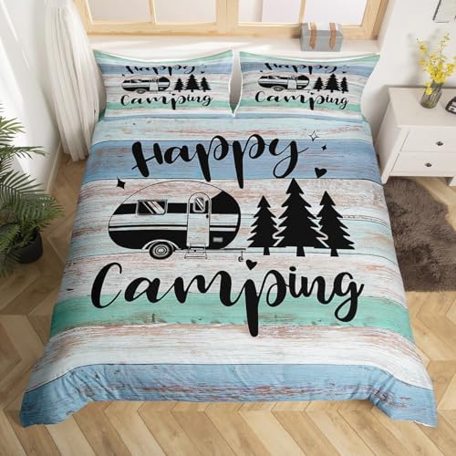 Castle Fairy Rustic Farmhouse Style Duvet Cover Queen Size,Camper Comforter Cover with 2 Pillowcase for Teens Adults,Happy Camping Black Sketch Drawing Breathable 3 Pieces Decorative Bed Cover - Image 5