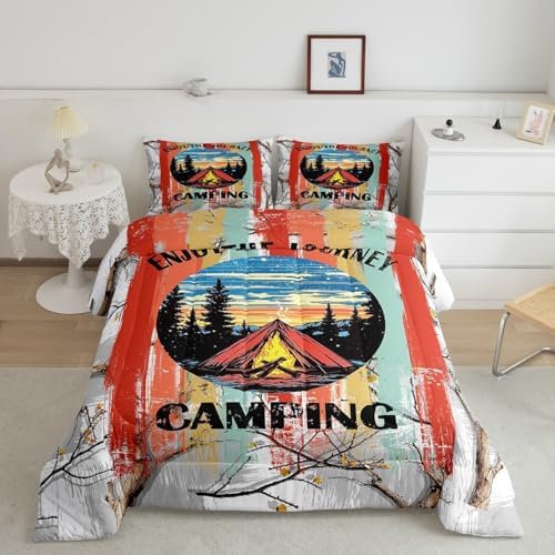 Erosebridal Happy Camping Full Comforter Set,RV Camper Bedding Sets for Travel Trailer,Rustic Cabin Quilt Bed Set for Kids Girls Boys,Forest Tree Mountain Bedroom Decor,2 Pillowcases Breathable - Image 2