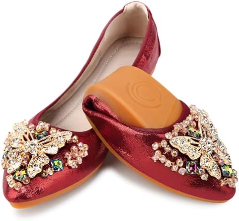 KUNWFNIX Women Ballet Flats Rhinestone Wedding Ballerina Shoes Foldable Sparkly Comfort Slip on Flat Shoes by KUNWFNIX