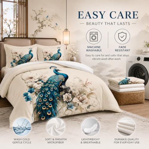CCoutueChen King Size Comforter Set for Women,Teal Peacock Feather Bedding Set with Blue and White Floral,Elegant Watercolor Bird Flowers Decor,3Pcs Soft Fluffy Microfiber with 2 Pillowcases,104 * 90 - Image 5